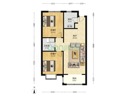 此房为南北两居，格局好，楼层无遮挡，视野开阔-户型图