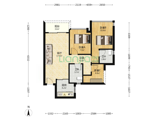 信业悦容台 3室1厅2卫 76平方