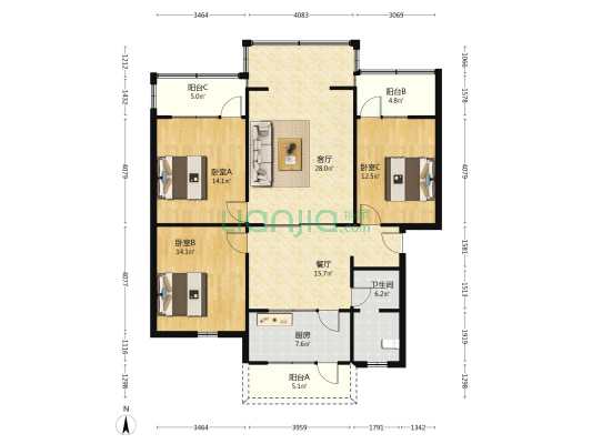 东南市街77号 3室2厅1卫 118平方