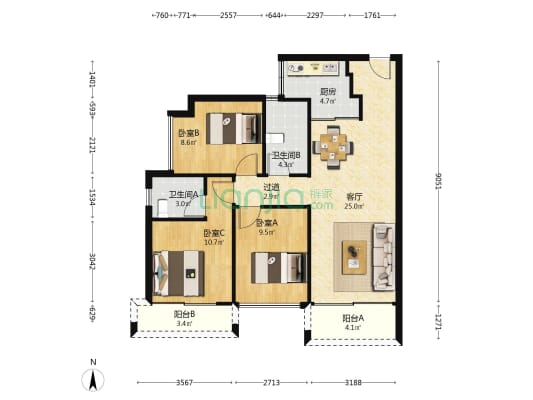 世茂璀璨江南 3室1厅2卫 105平方