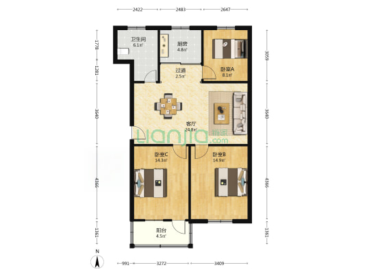 钟楼园 3室1厅1卫 93平方