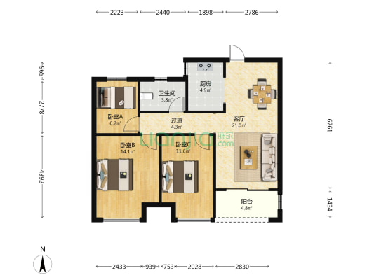 正弘新城3号院 3室1厅1卫 94平方