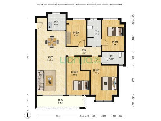 星河国际三区 4室1厅2卫 139平方
