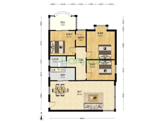 雍翠园 3室1厅1卫 114平方