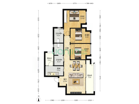 金地格林春岸三期 3室1厅2卫 92平方