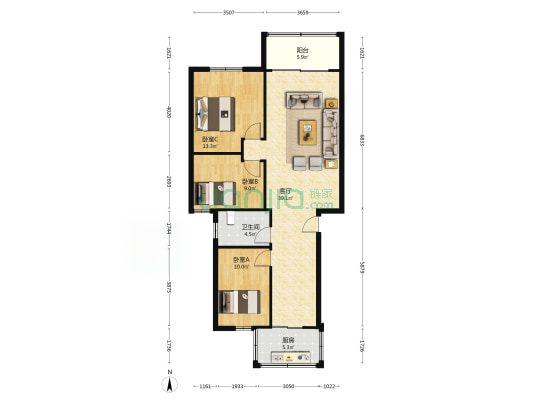 雪地公寓 3室1厅1卫 104平方