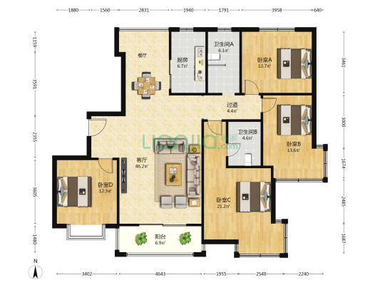 湖畔嘉苑 4室1厅2卫 171平方