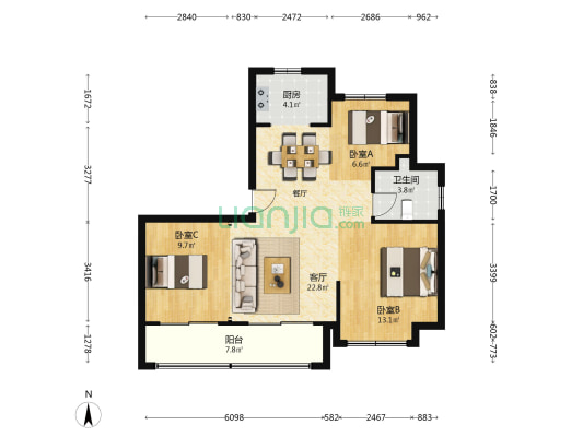 鸿翔中金鸿樾府 3室1厅1卫 100平方