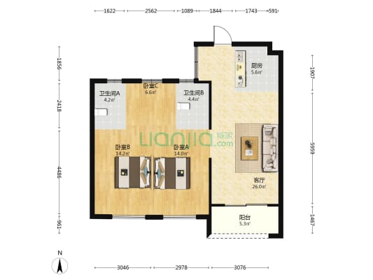 中庚香海世界A区 3室1厅2卫 92平方