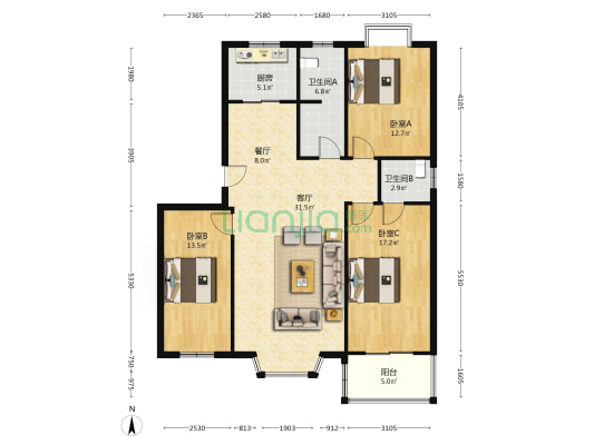德信公园南侧 1梯2户 板楼公摊小 中间好楼层 南北通透-户型图