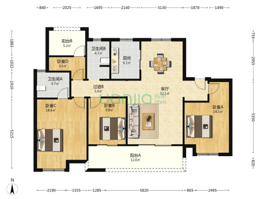 东望花园 4室1厅2卫 142平方