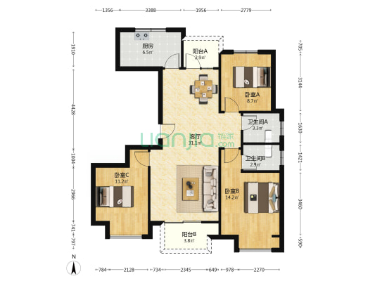 浩创梧桐花语 3室1厅2卫 115平方