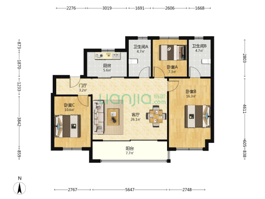龙湖天玺 3室1厅2卫 104平方