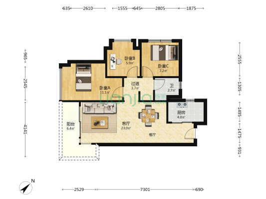 湖心明荟 3室1厅1卫 79平方