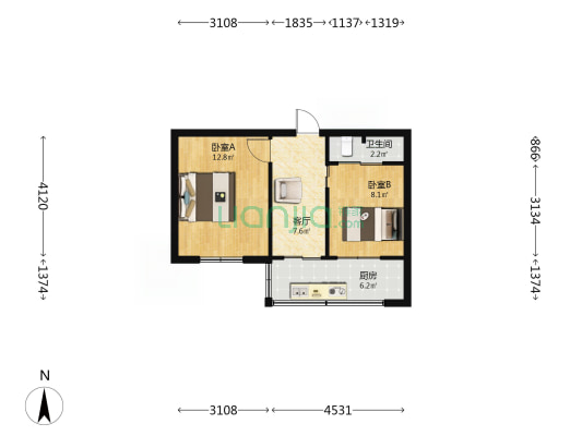 太原大学宿舍区 2室1厅1卫 43平方