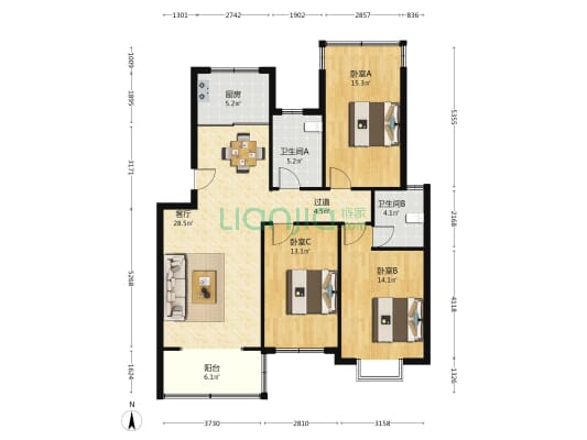 东城怡园 3室1厅2卫 118平方