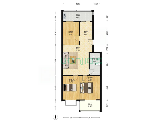 文庙巷17号院 3室2厅1卫 91平方