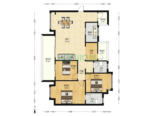 万达华庭 4室1厅2卫 125平方