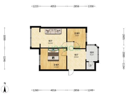 花果园街1号 2室2厅1卫 63平方