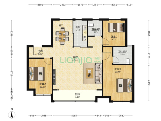 市中万科城一期翡逸园 3室1厅2卫 143平方