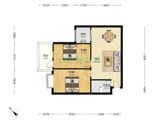中交四航局大厦宿舍 2室1厅1卫 76平方