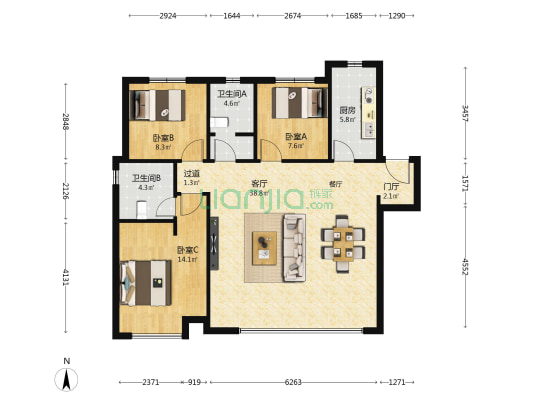 绿地国港新里城一期 3室1厅2卫 120平方