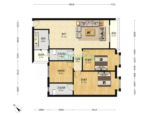 蓝畔湾 2室1厅2卫 111平方