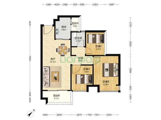 康桥公馆 3室1厅1卫 88平方