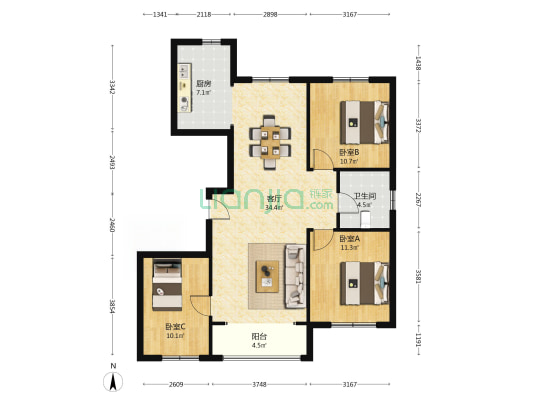 海湾康馨园 3室1厅1卫 125平方