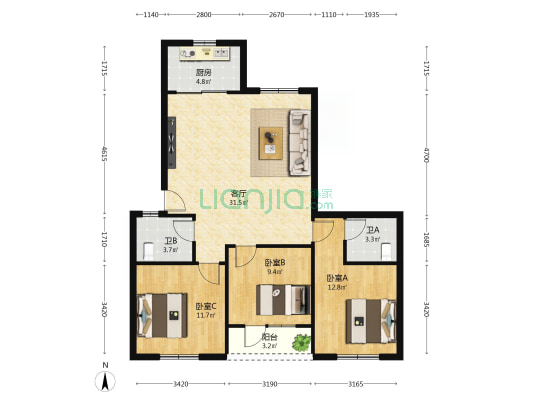 水秀花园 3室1厅2卫 96平方