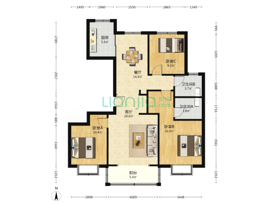 中铁城西苑 3室2厅2卫 129平方
