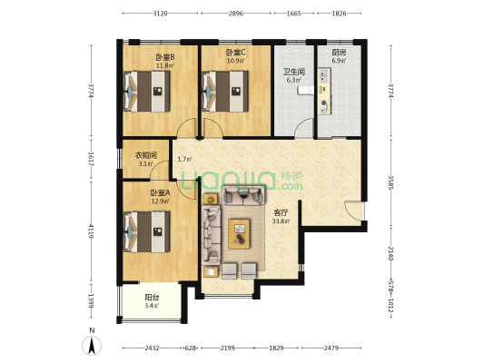 联合七号院南北通透大三居精装修-户型图