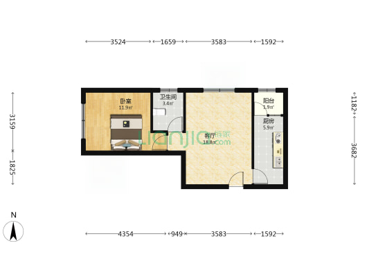 德信公园旁朝南一居室高楼层采光充足-户型图