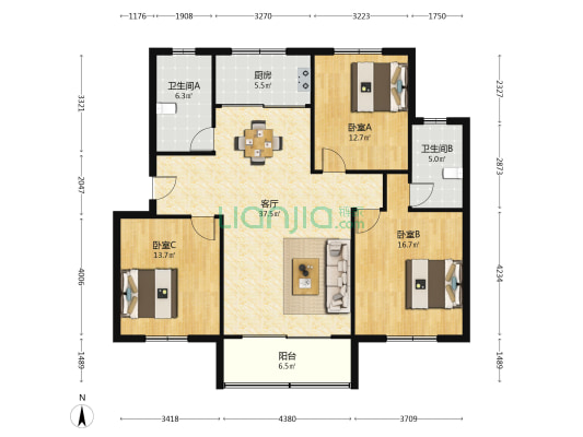群星苑村 3室1厅2卫 124平方
