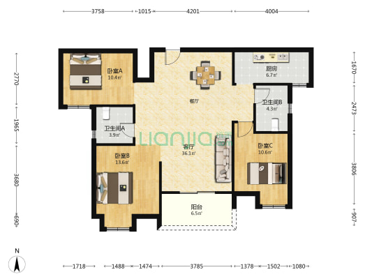 天汇龙城龙枫苑（七期） 3室1厅2卫 124平方