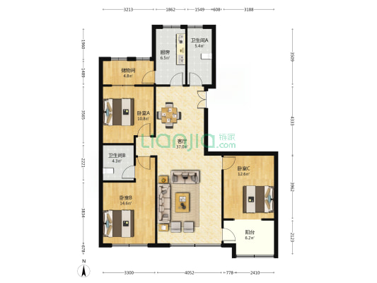 交运花园 3室1厅2卫 148平方