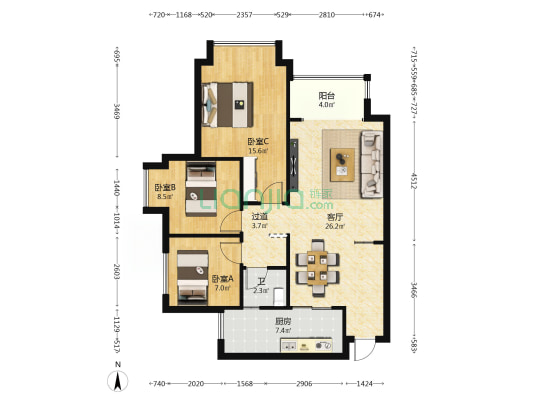 天泰钢城印象A区 3室1厅1卫 97平方