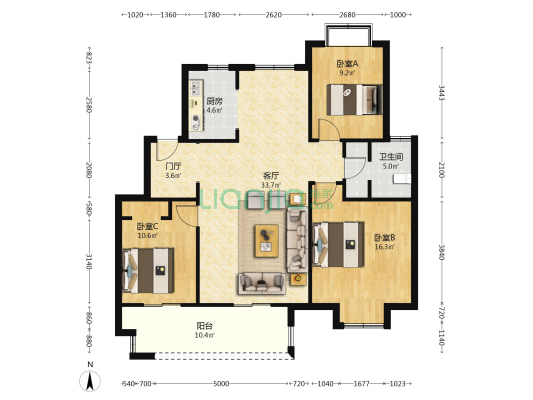 绿地林语花园 3室1厅1卫 114平方