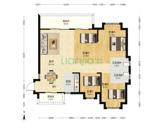 恒宇国际观澜 4室1厅2卫 118平方