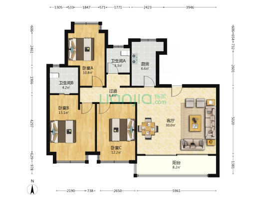 复地明日之城一期(B区) 3室1厅2卫 126平方