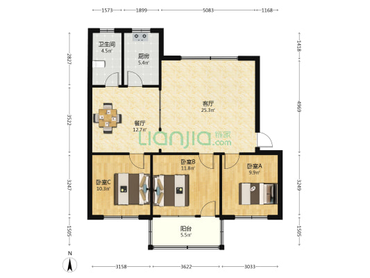 粮食局 3室2厅1卫 100平方