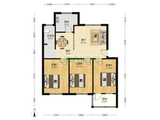 新城区中学家属院 3室2厅1卫 91平方