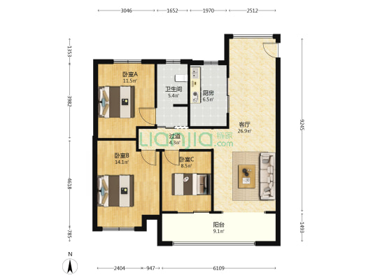 明发星悦城 3室1厅1卫 113平方
