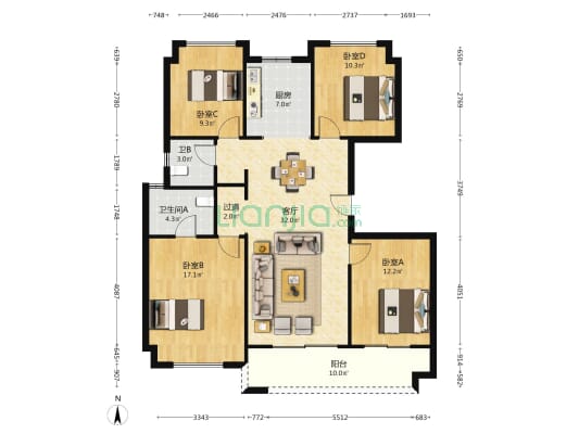 红星天铂 4室1厅2卫 126平方