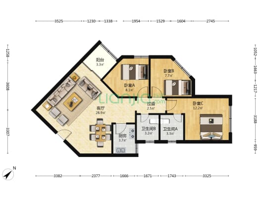 锦峰大厦 3室1厅2卫 103平方
