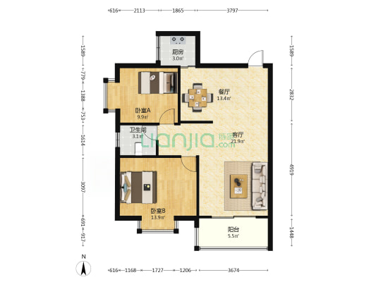 宝丰园宝丰大夏 2室2厅1卫 87平方