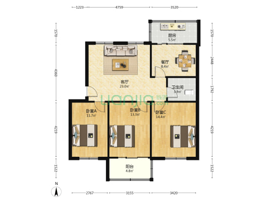 二里岗街29号院 3室2厅1卫 105平方