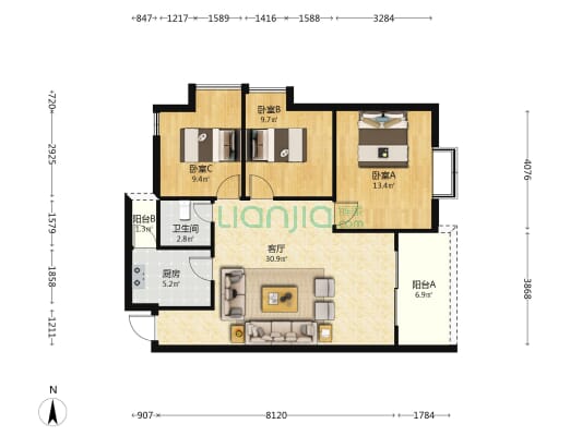大亚湾·富丽华府 3室1厅1卫 105平方