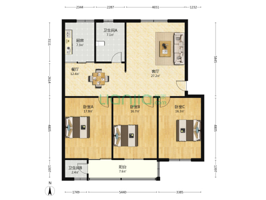电信小区（航天大道） 3室2厅2卫 140平方