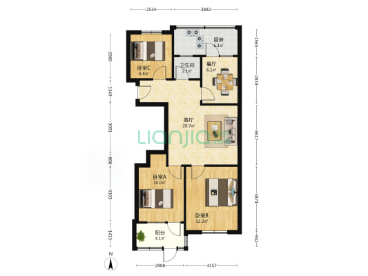 十六里河镇西河村 3室2厅1卫 84平方